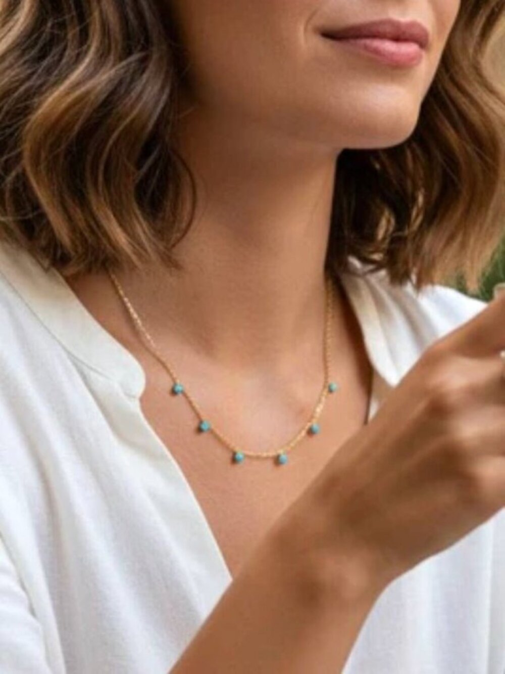 Turquoise Drops Necklace Gold Bezel Necklace WATERPROOF Gold Chain Station - Picture 6 of 9